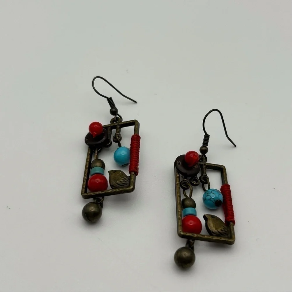 Brown Brass Colored Red & Blue Beaded Abstract Bird Box Drop Dangle Earrings